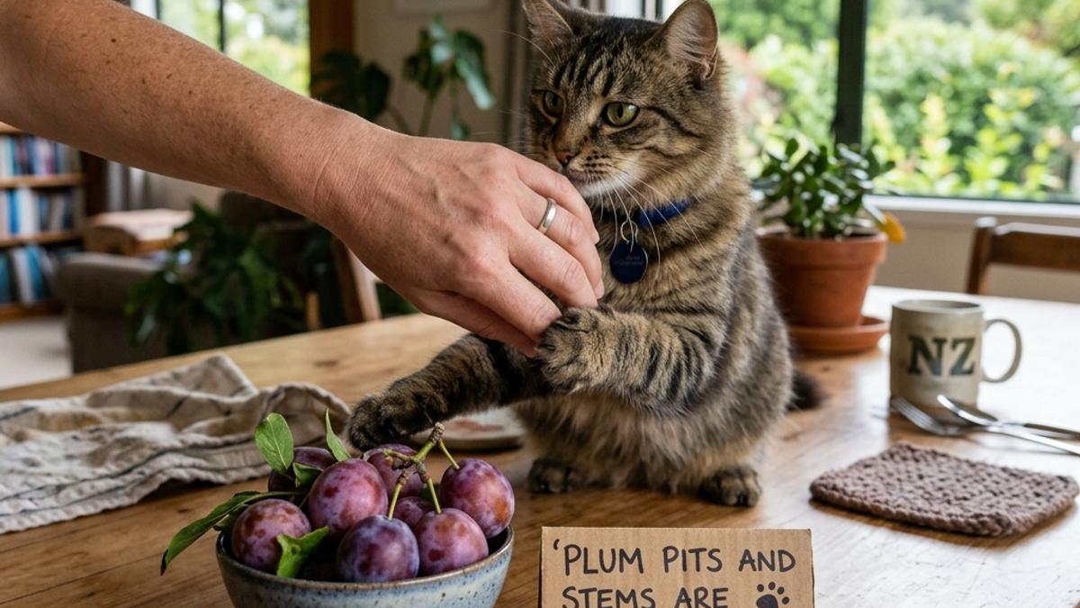 An owner's hand blocking a cat from a bowl of fresh plums next to a toxic warning card