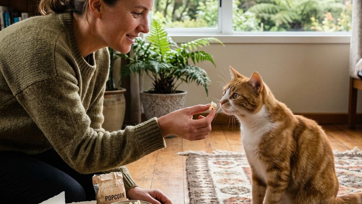 An owner offering a piece of plain popcorn to a curious cat next to a card