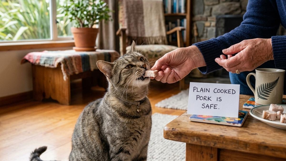 A tabby cat eating a piece of cooked pork from owner's hand next to a card