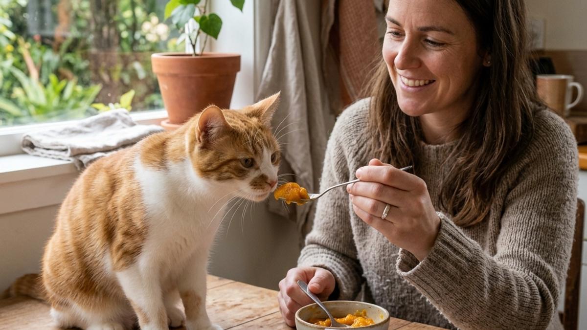An owner offering a small spoonful of pumpkin puree to a ginger cat next to an info card