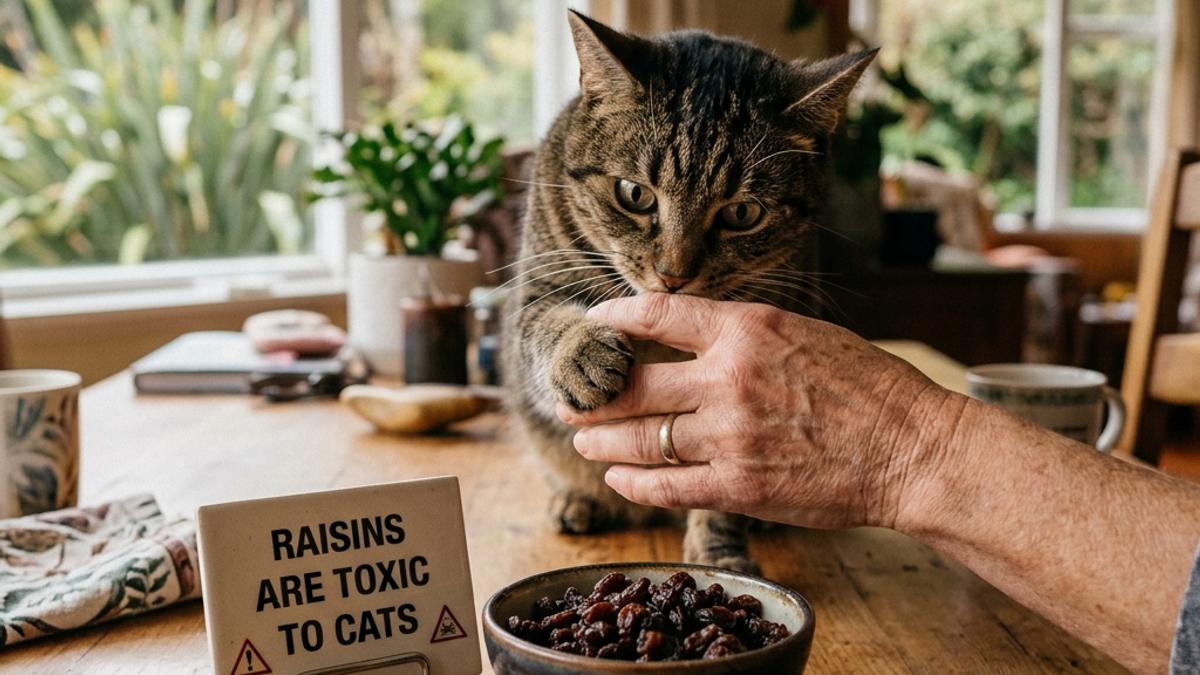 An owner's hand blocking a cat from a bowl of dark raisins next to a warning card