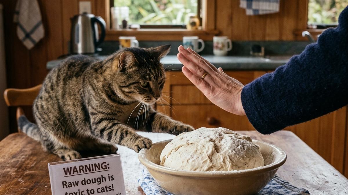 An owner's hand blocking a cat from a bowl of raw bread dough next to a warning card