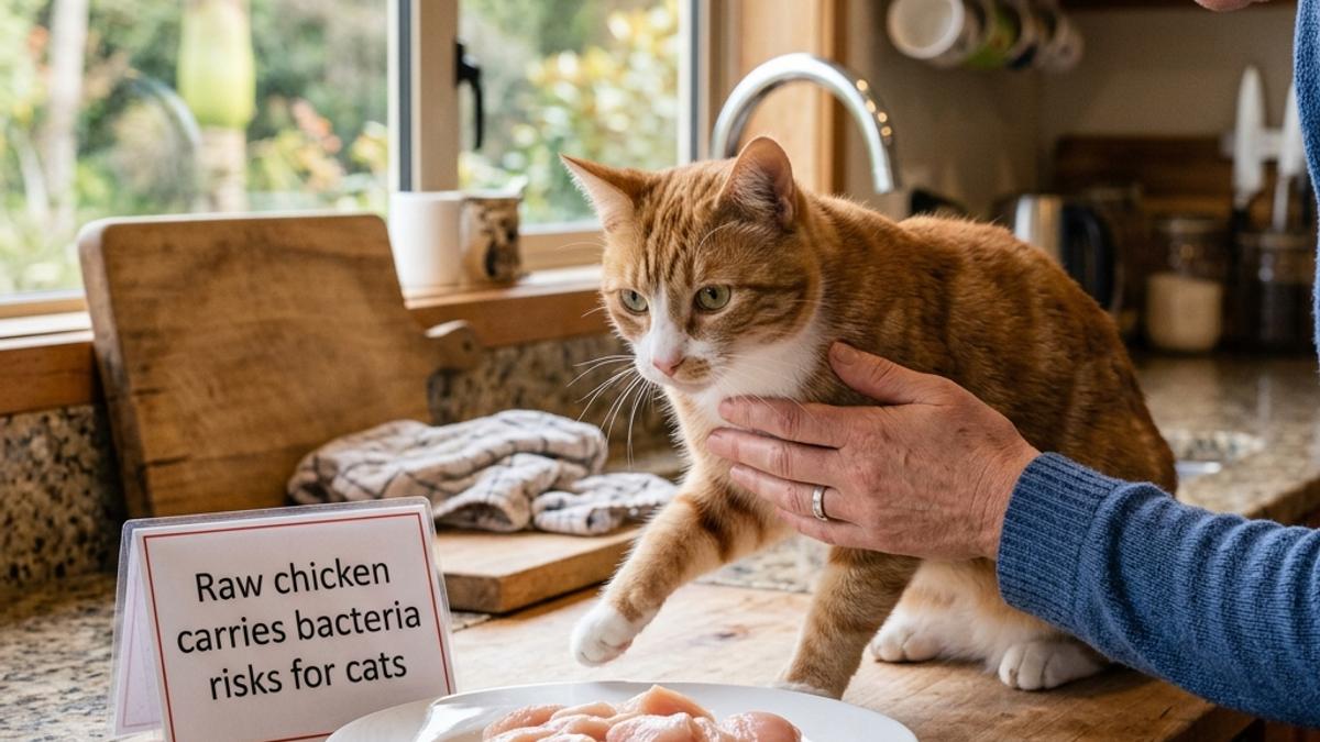 An owner's hand gently blocking a cat from a plate of raw chicken breast on a kitchen counter