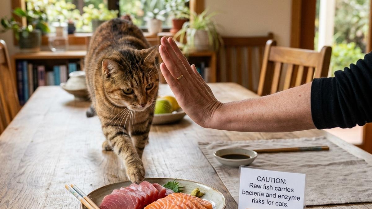 An owner's hand blocking a cat from a plate of raw sliced fish on a wooden table