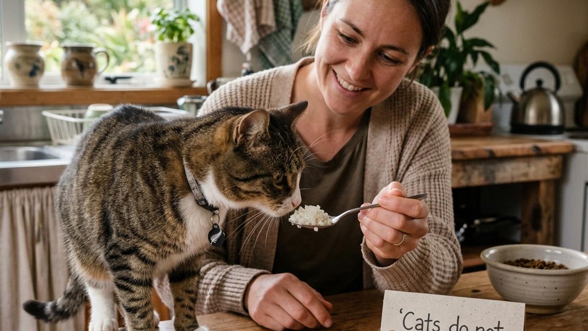 An owner offering a small spoonful of cooked white rice to a curious cat next to a card