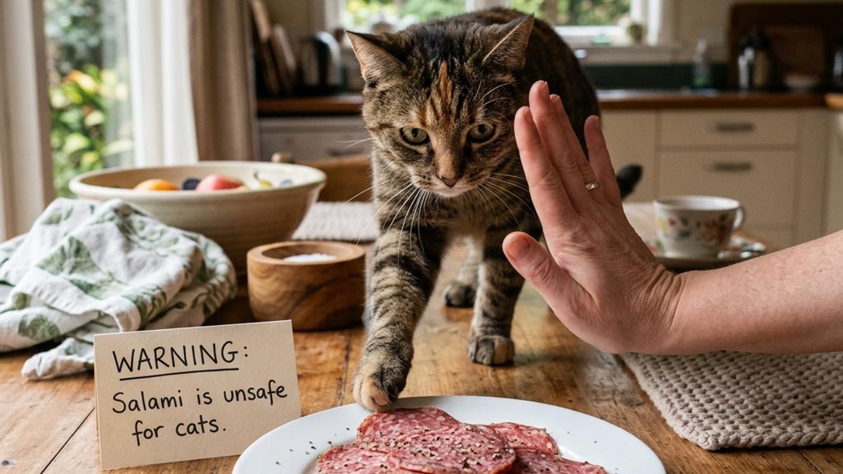An owner's hand blocking a cat from a plate of salami next to a warning card