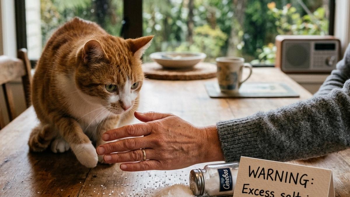 An owner's hand blocking a cat from a spilled pile of salt next to a warning card