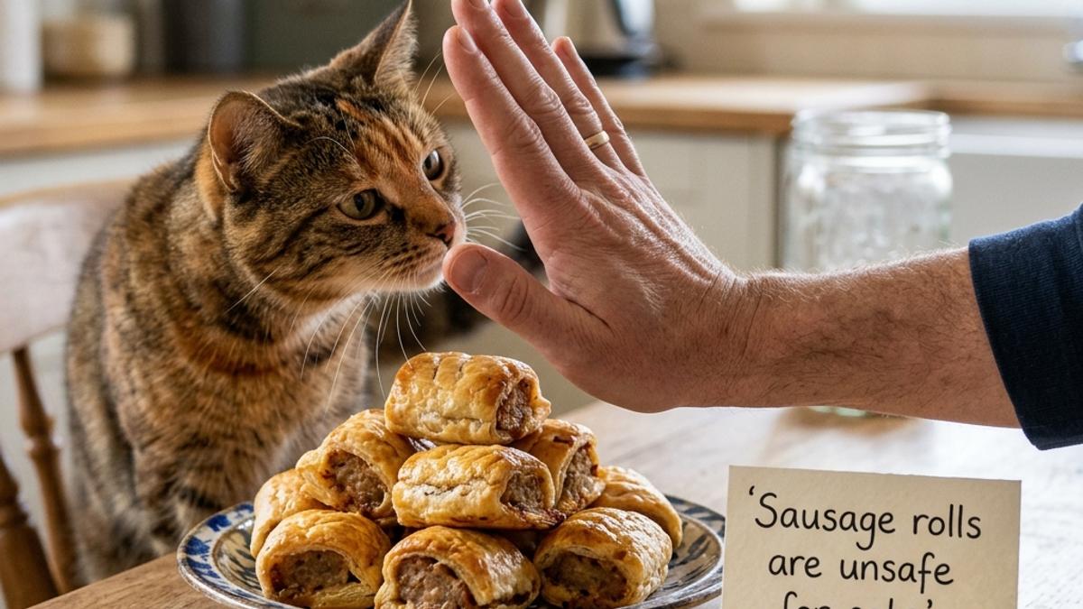 An owner's hand blocking a cat from a plate of sausage rolls next to a warning card