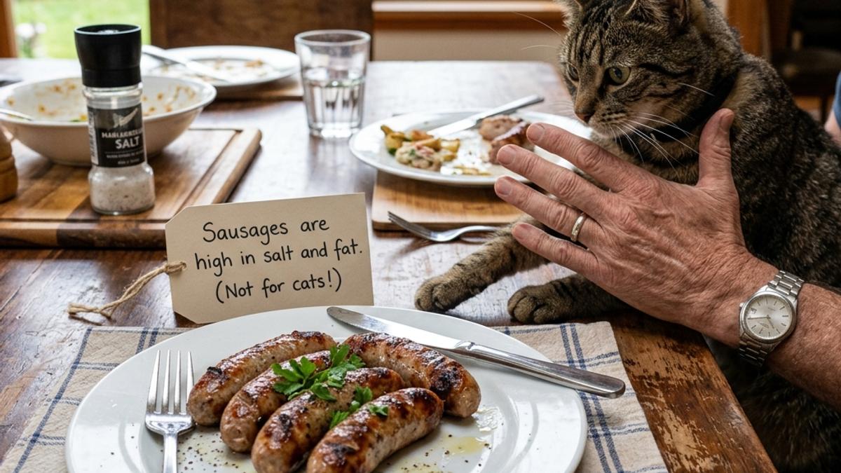 An owner's hand blocking a cat from a plate of sausages next to a warning card