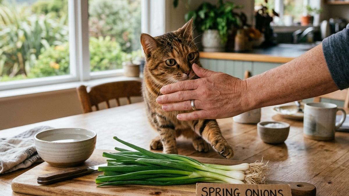 An owner's hand blocking a cat from fresh spring onions next to a warning card
