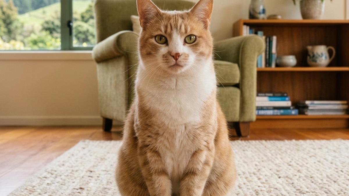 A happy cat in a New Zealand setting, illustrating can cats eat stock cubes? nz safety answer