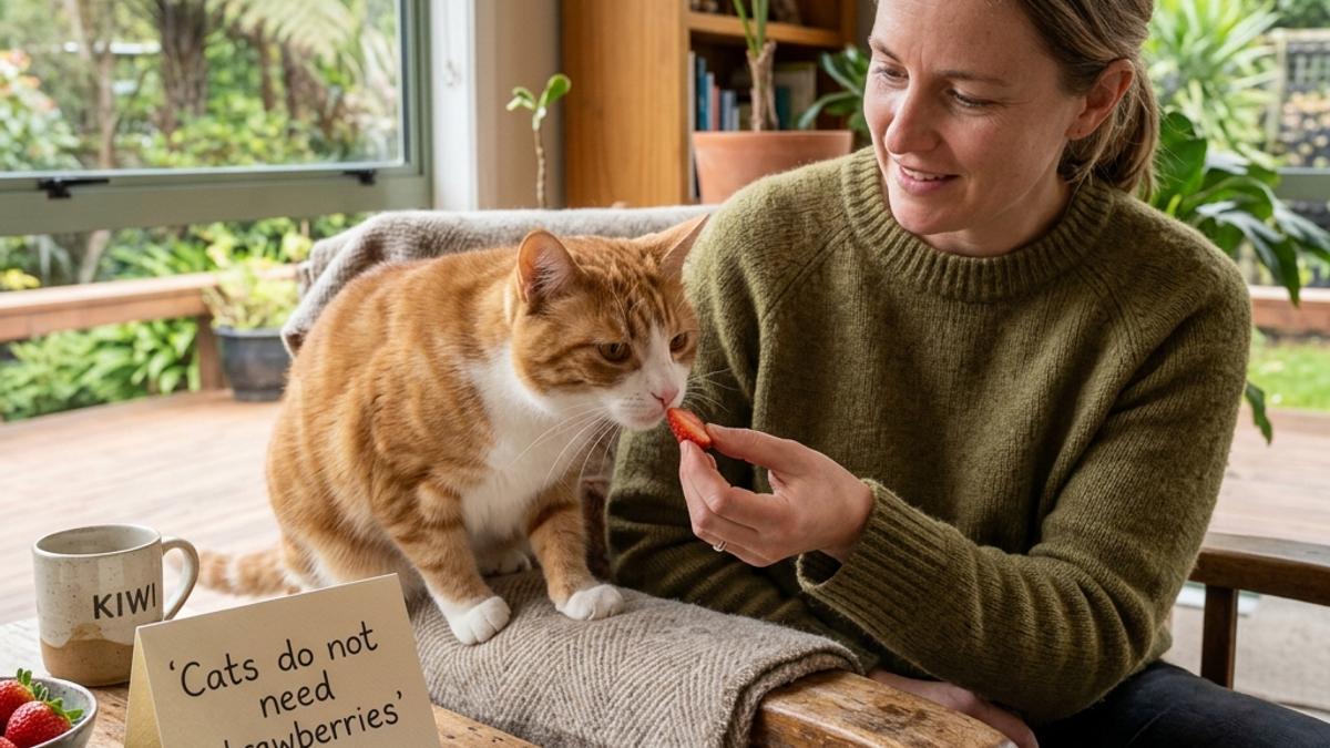An owner offering a small piece of fresh strawberry to a curious cat next to a card