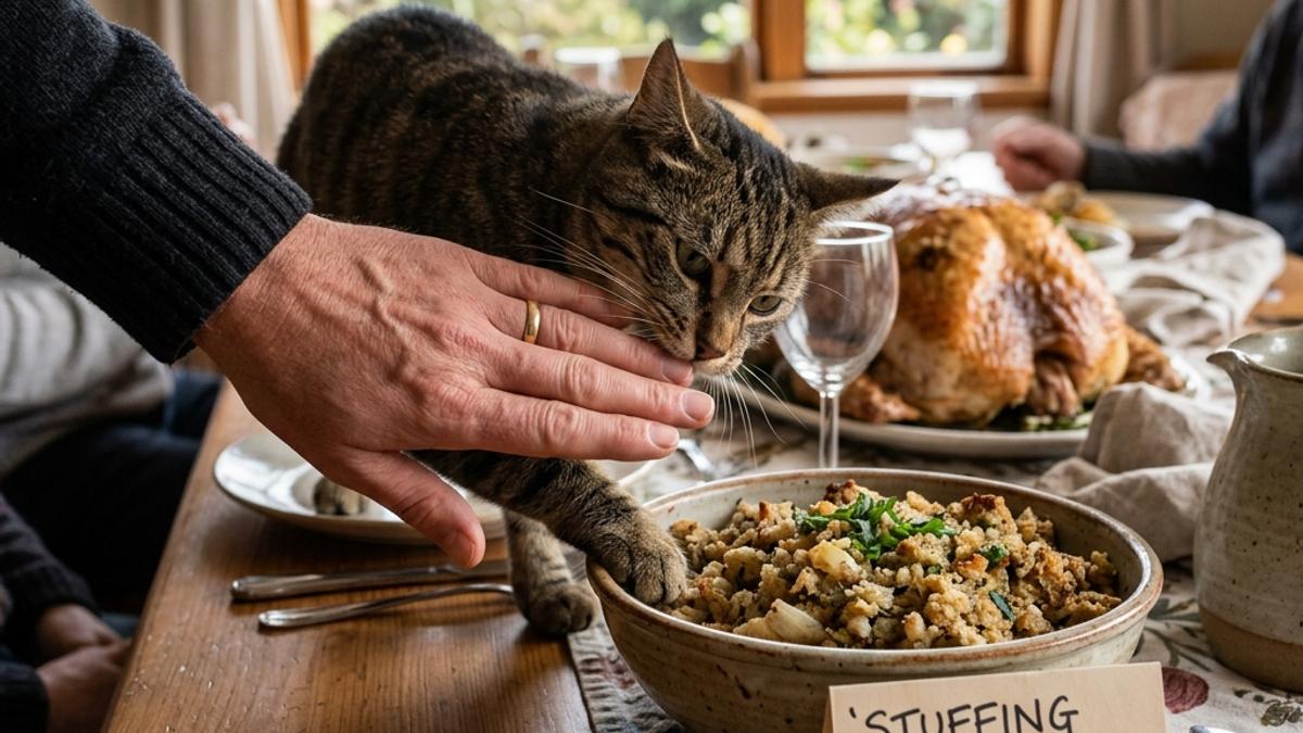 An owner's hand blocking a cat from a bowl of stuffing next to a warning card