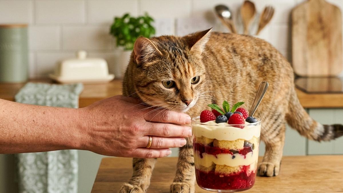 A domestic cat looking curious about a glass of trifle dessert on a kitchen counter, with an owner gently shooing it away