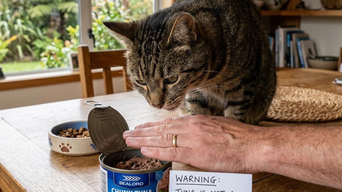 An owner's hand blocking a cat from eating Sealord canned tuna with a warning about complete diet