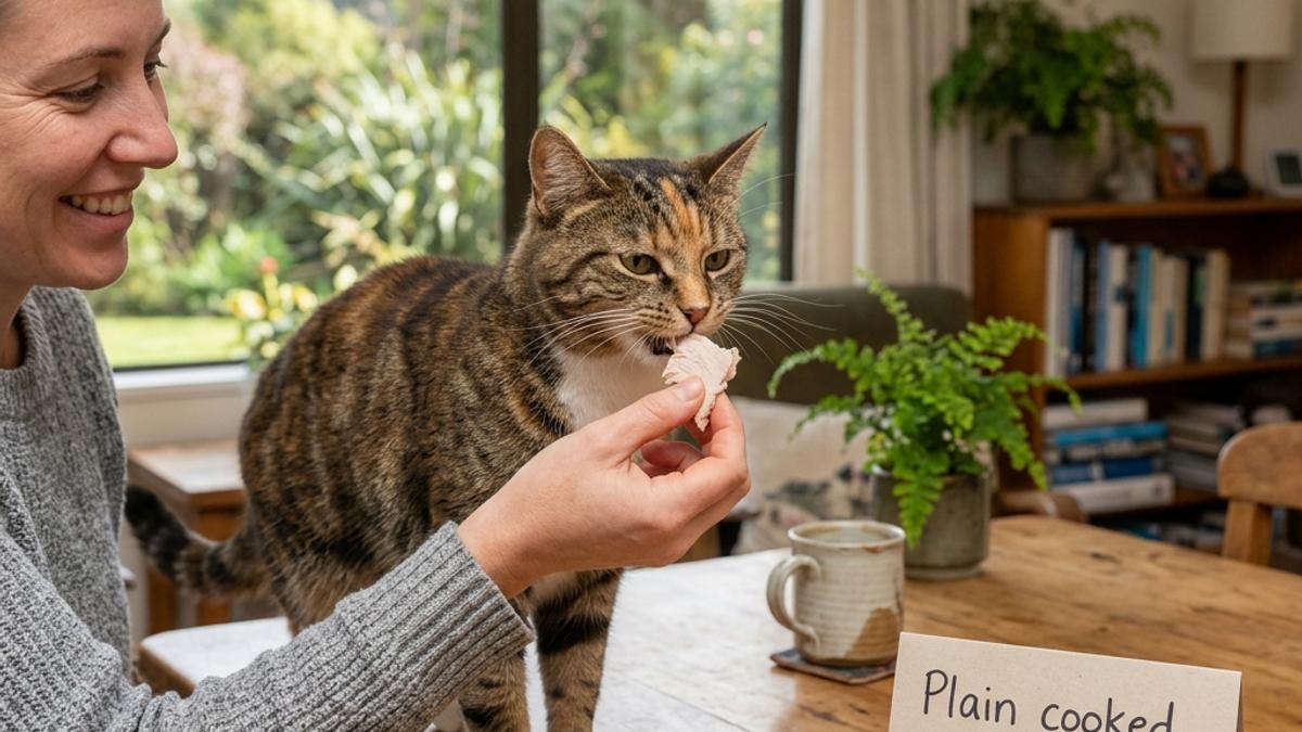 A tabby cat eating a piece of cooked turkey meat from owner's hand next to a card