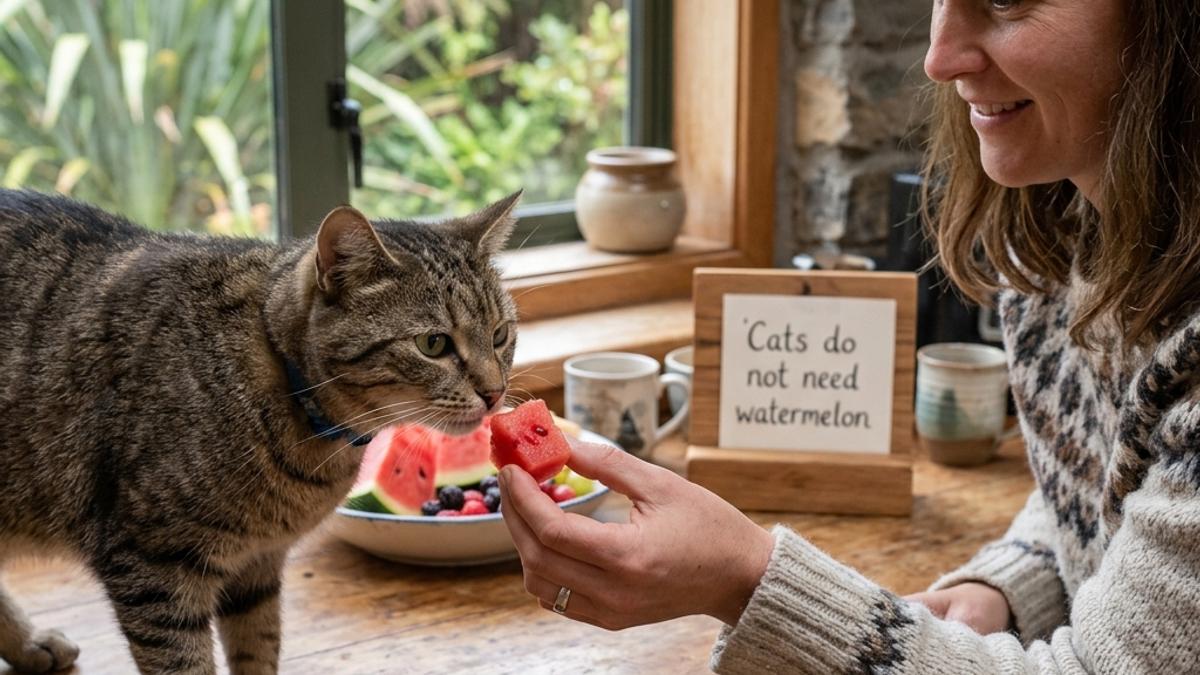 An owner offering a small piece of red watermelon to a curious cat next to a card