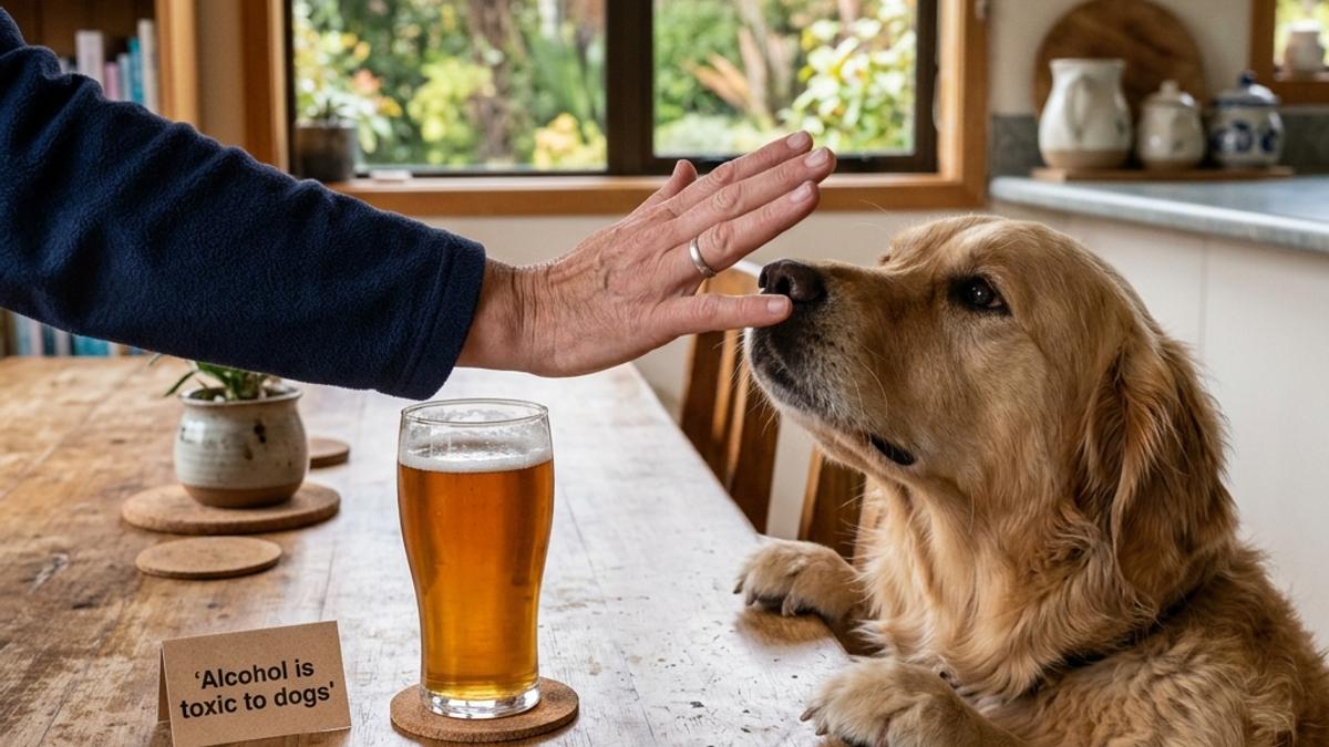 An owner's hand blocking a dog from a glass of beer next to an alcohol toxic warning card