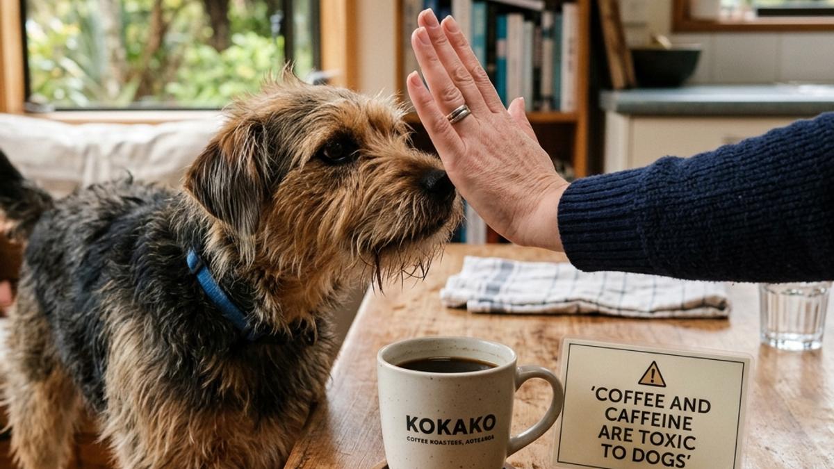 An owner's hand blocking a dog from a cup of coffee next to a caffeine toxic warning card