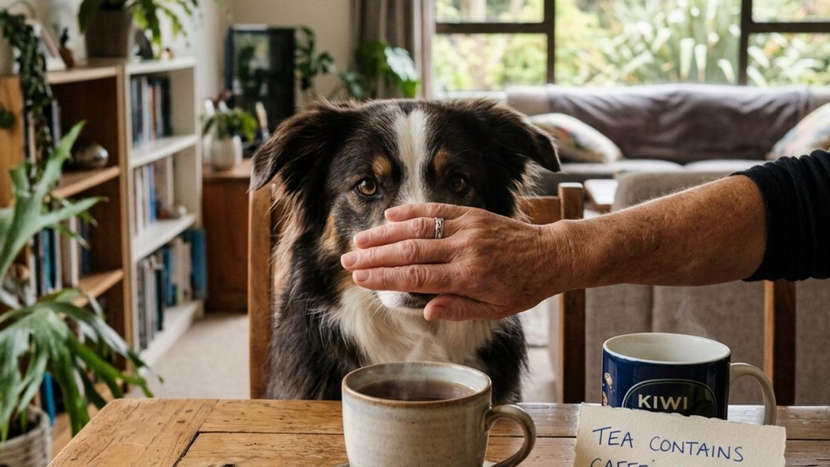 An owner's hand blocking a dog from a cup of tea next to a warning card
