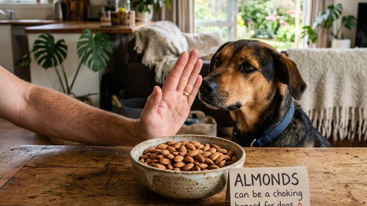 An owner's hand blocking a dog from a bowl of whole almonds on a wooden table with a warning card