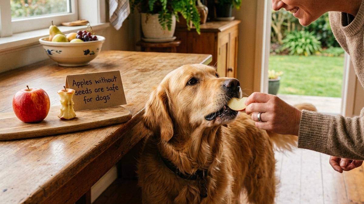 A dog taking a slice of fresh seedless apple from its owner's hand next to a whole red apple