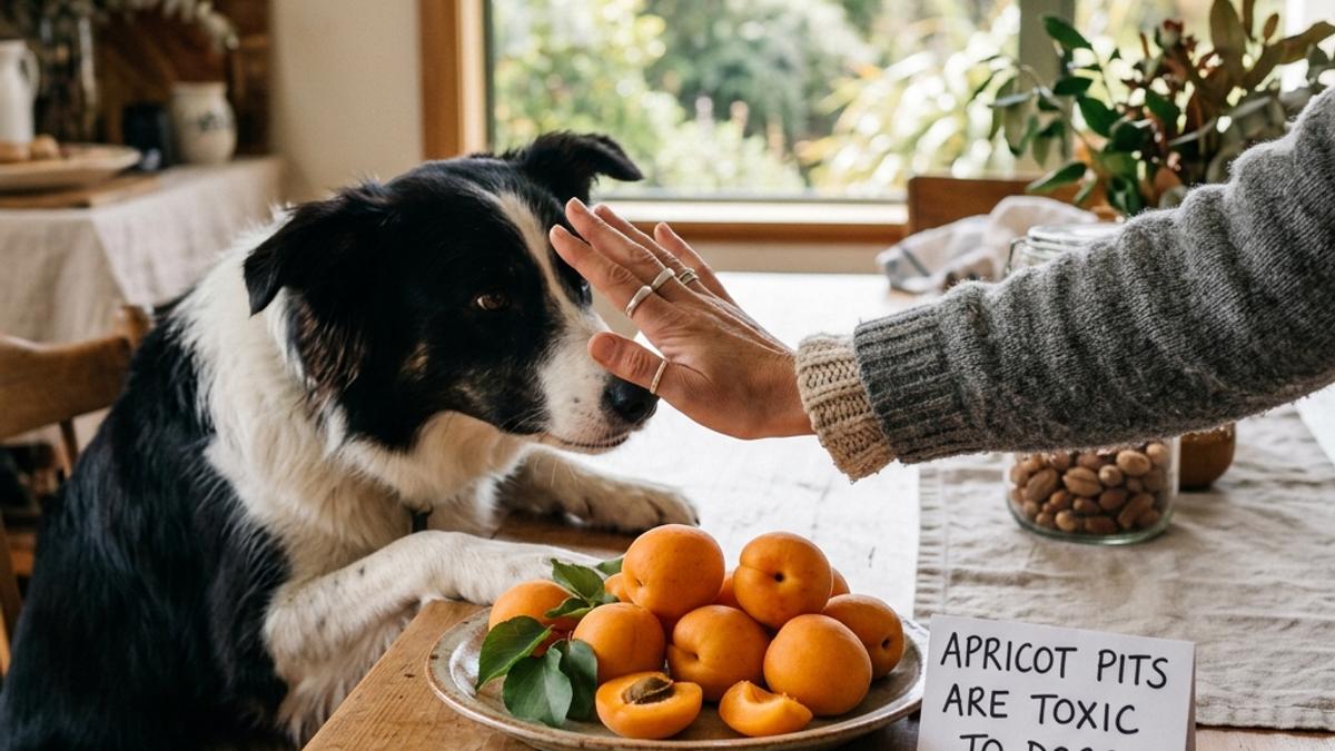 An owner's hand blocking a dog from a plate of fresh apricots next to a toxic warning card