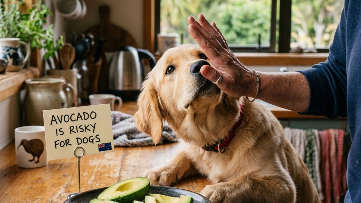 An owner's hand blocking a dog from sliced avocado on a wooden counter with a warning card