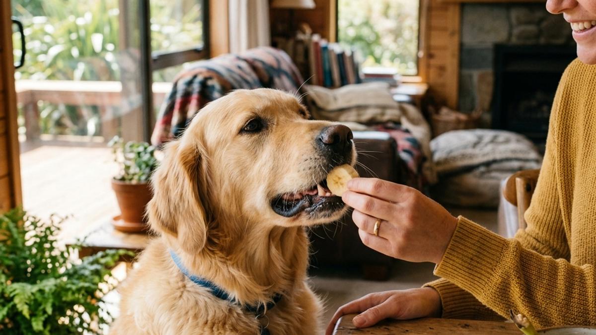 A dog taking a slice of fresh banana from its owner's hand next to a bowl of bananas