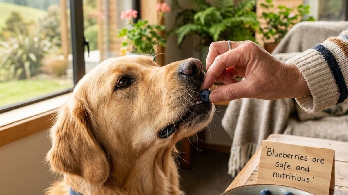A golden retriever dog eating a fresh blueberry from its owner next to a safe and nutritious card