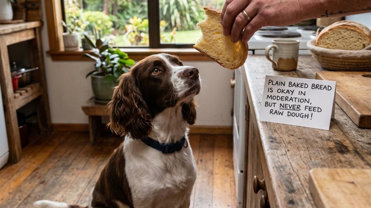 A dog looking at a slice of baked plain bread held by its owner with a warning sign about raw dough