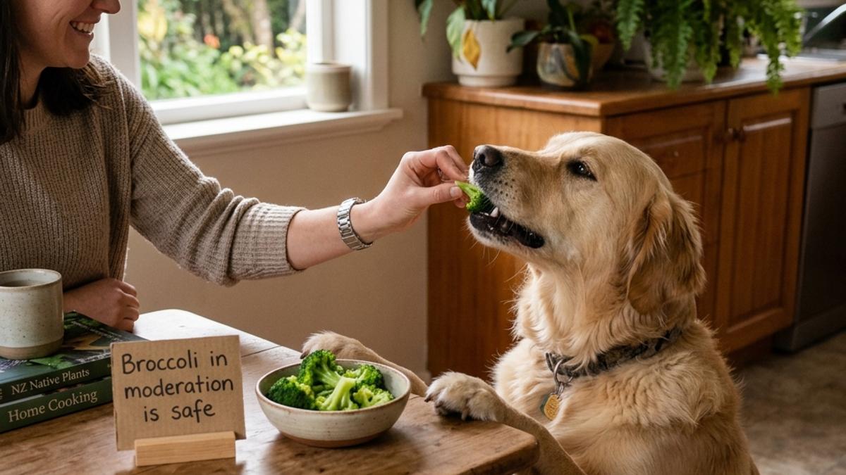 A dog taking a small cooked broccoli floret from its owner next to a bowl of broccoli