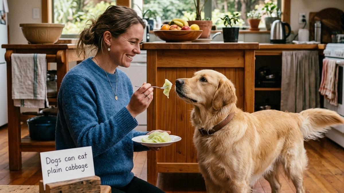 An owner offering plain cooked cabbage to a curious dog next to a card