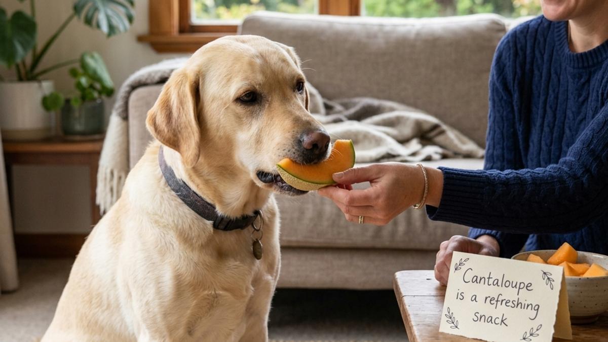 A golden retriever dog gently eating a slice of orange cantaloupe melon next to a card