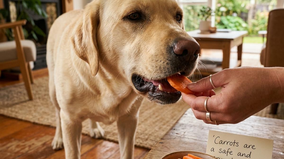 A dog taking a raw carrot slice from its owner's hand next to a bowl of carrot sticks