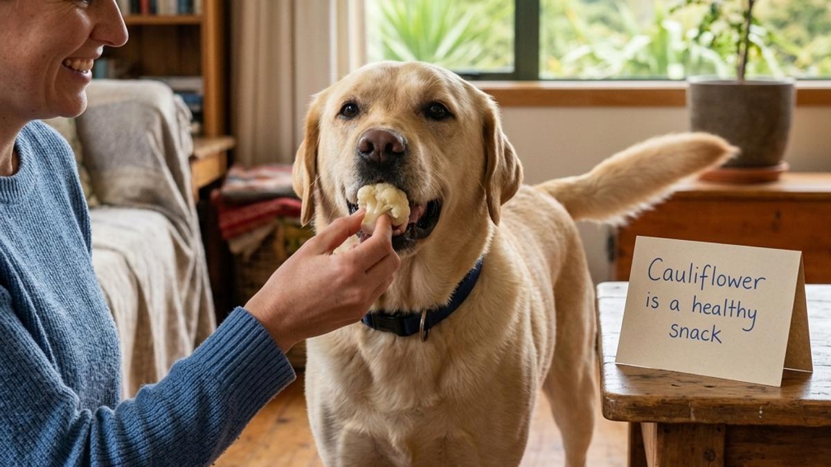 A golden retriever dog gently taking a piece of cooked cauliflower from owner's hand next to a card