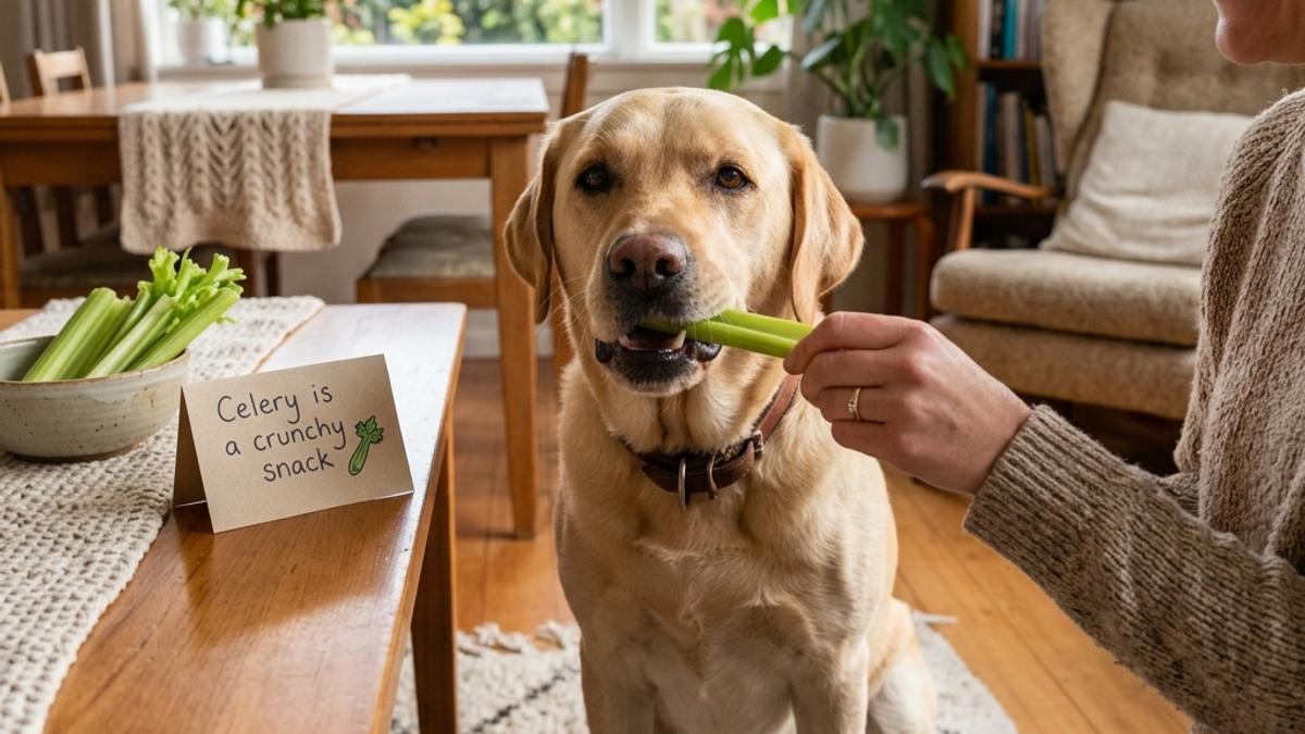 A golden retriever dog gently eating a celery stick from owner's hand next to a crunchy snack card