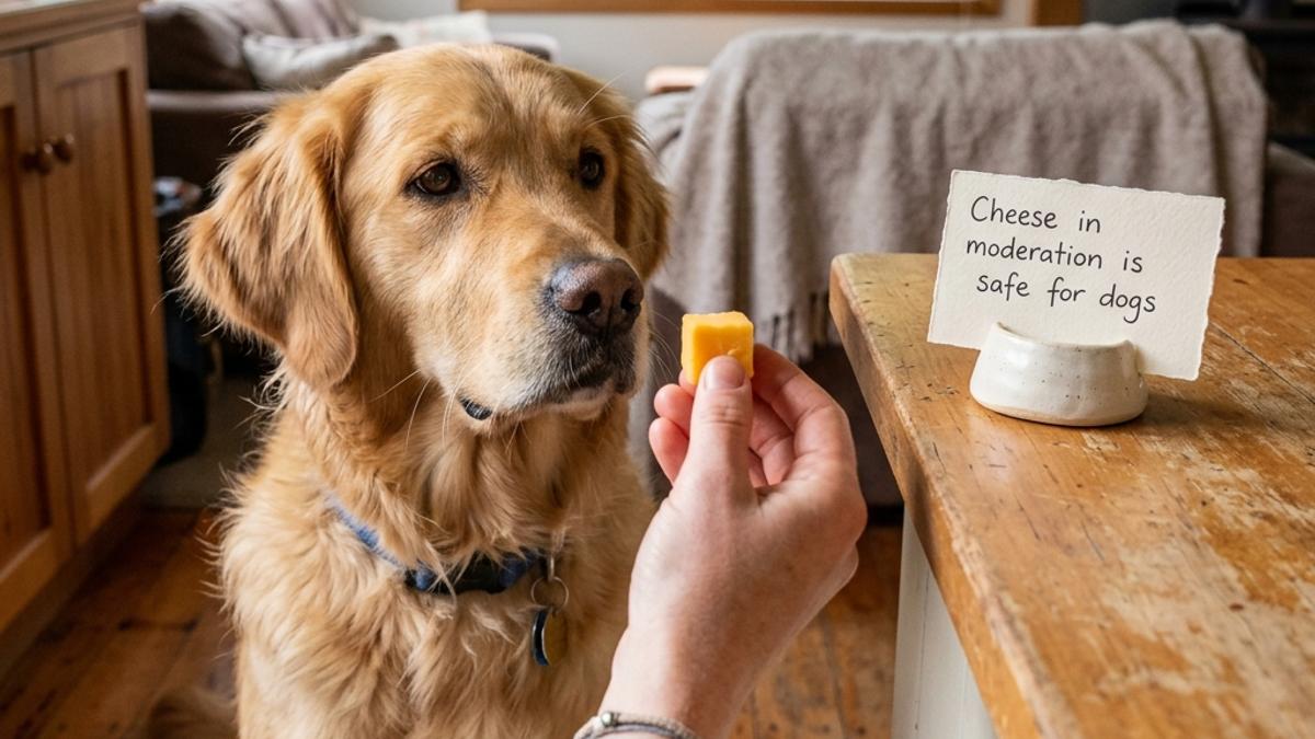 A dog looking at a small cheddar cheese cube held by its owner's hand next to a safe treat card