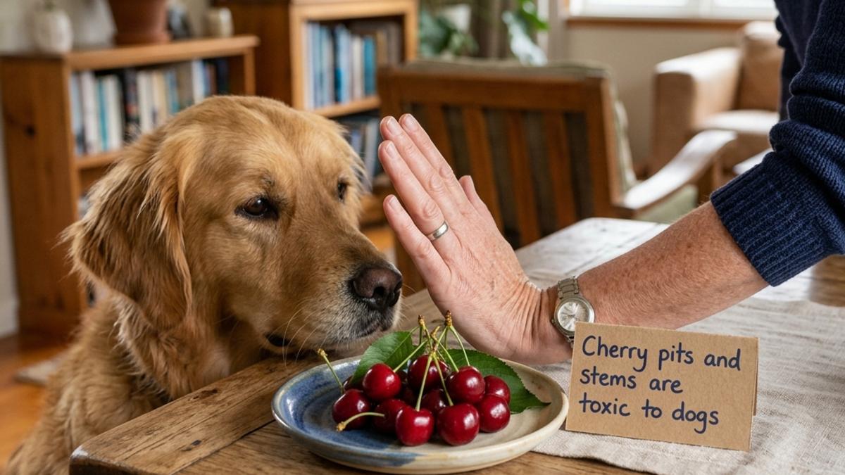 An owner's hand blocking a dog from a plate of fresh red cherries next to a toxic warning card