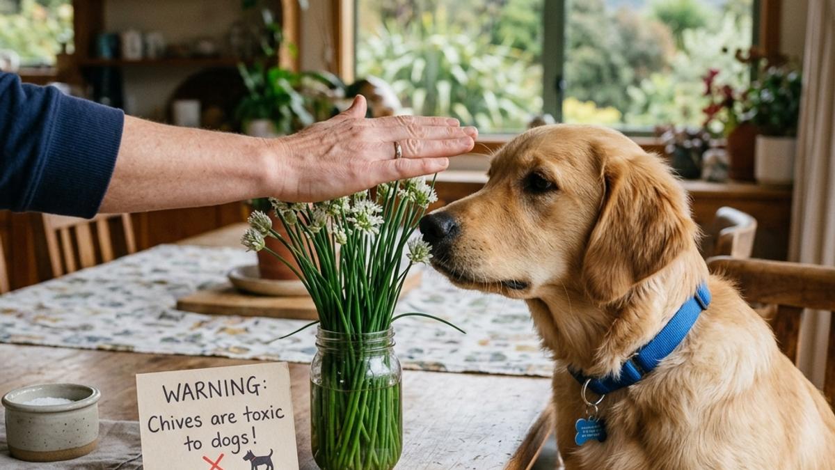 An owner's hand blocking a dog from a bunch of fresh chives next to a warning card