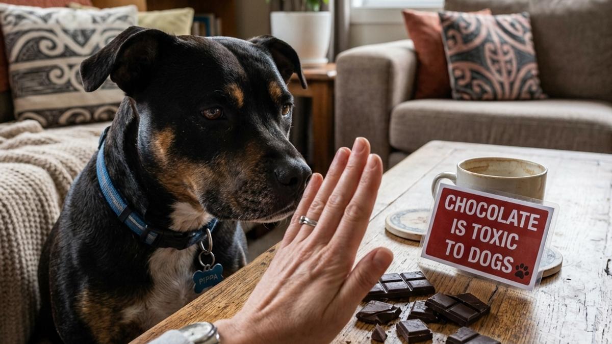 An owner's hand stopping a dog from eating pieces of chocolate on a wooden coffee table in a living room