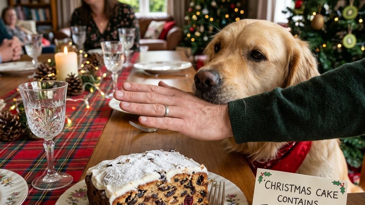 An owner's hand blocking a golden retriever from a plate of Christmas cake next to a warning card