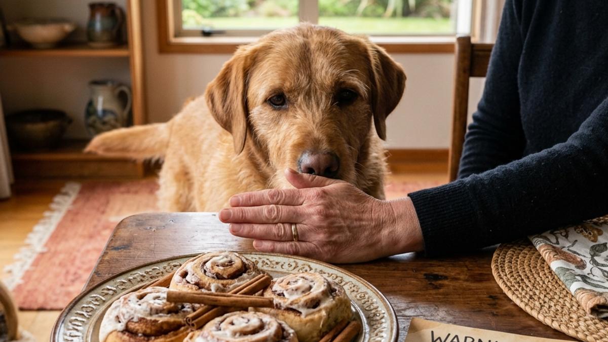 An owner's hand blocking a dog from a plate of cinnamon rolls next to a warning card