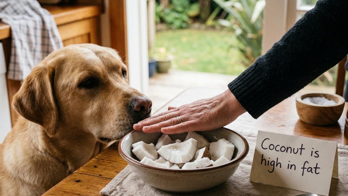 An owner's hand blocking a dog from a bowl of coconut pieces next to an info card