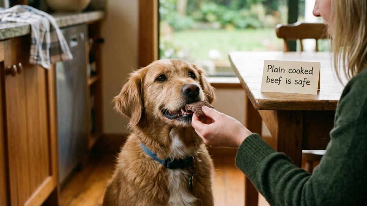 A golden retriever dog eating a piece of cooked beef from owner's hand next to a card