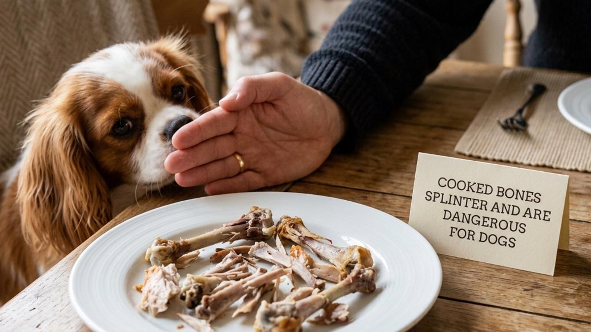 An owner's hand blocking a dog from a plate of splintered cooked bones with a warning card