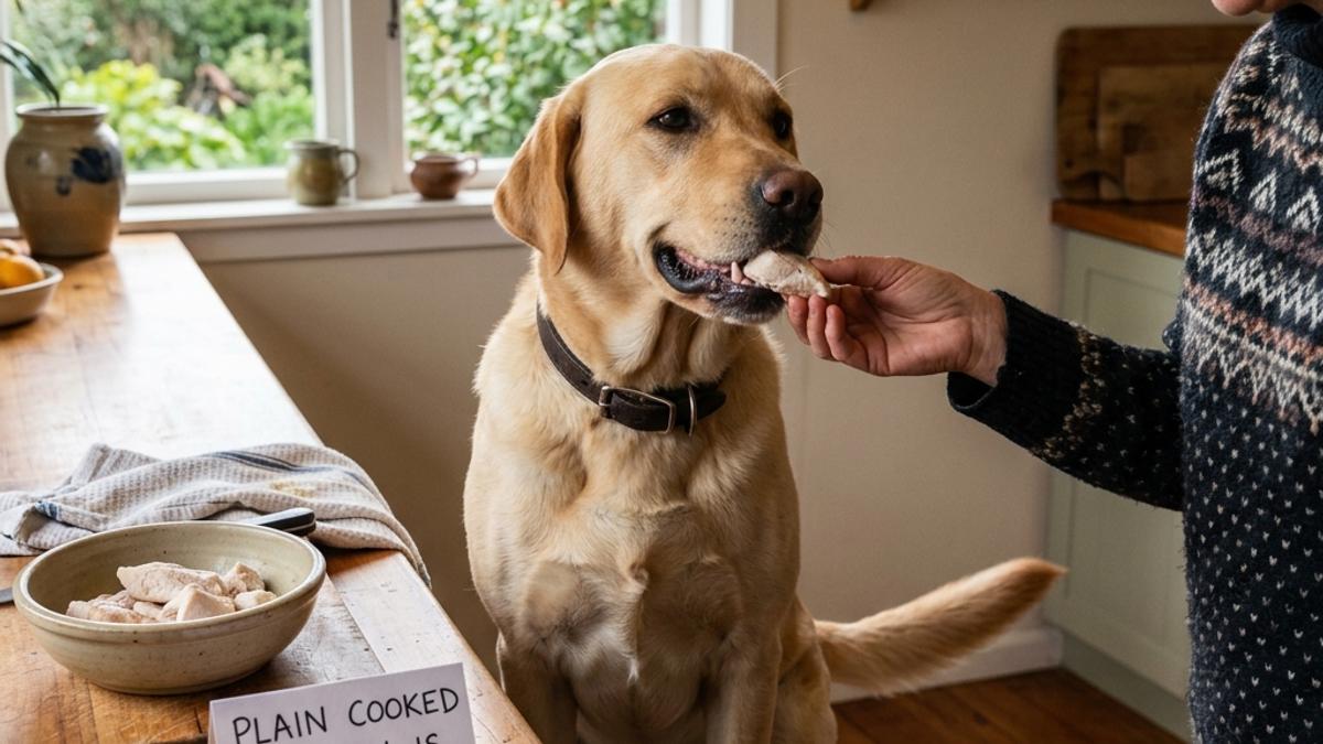 A golden retriever dog eating a piece of cooked chicken breast from owner's hand next to a card