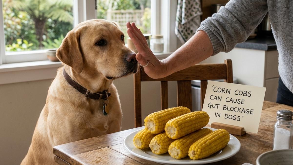 An owner's hand blocking a labrador dog from sweetcorn cobs on a wooden table with a warning card