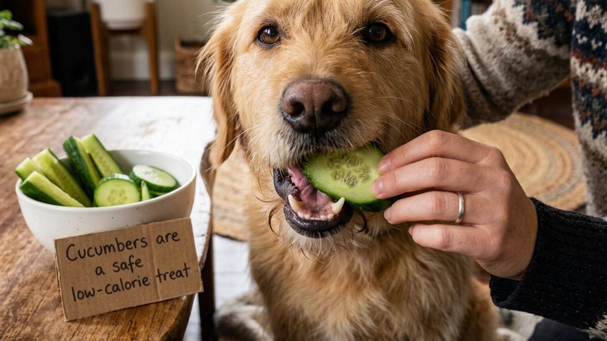 A happy dog chewing a cucumber slice given by its owner next to a bowl of cut cucumber sticks