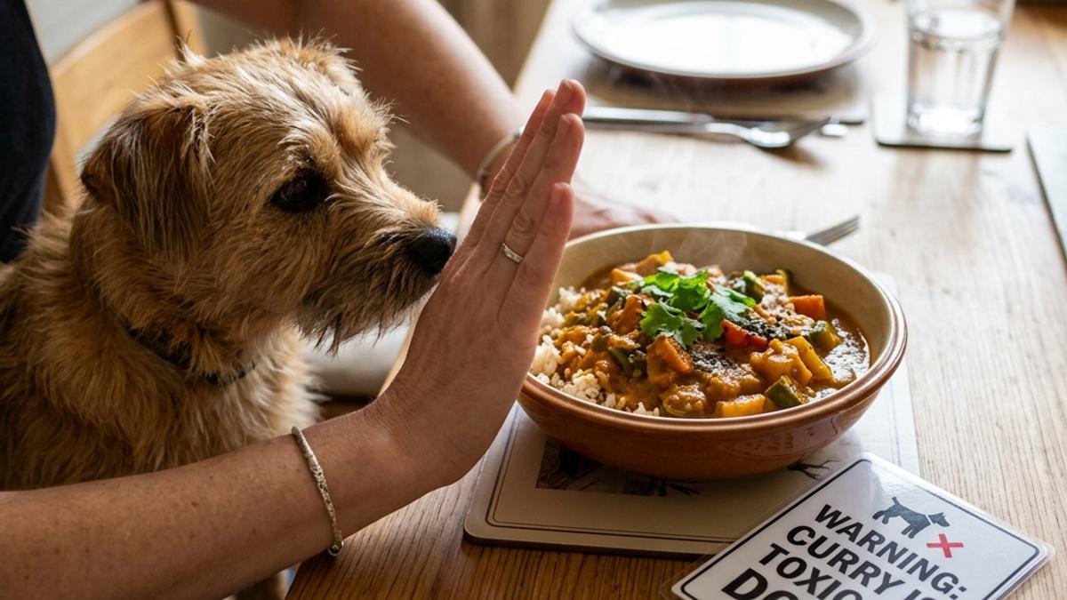 An owner's hand blocking a dog from a bowl of hot curry next to a warning card